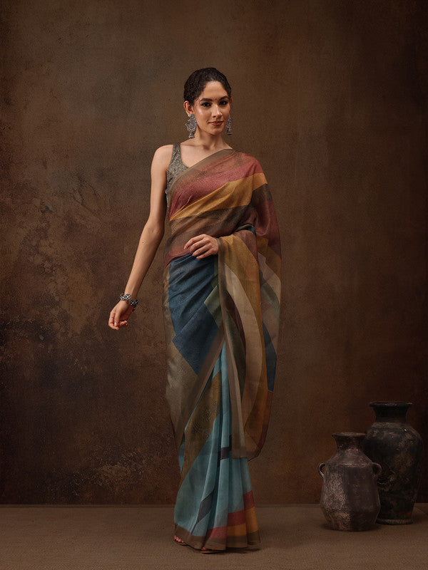 Multicolor Silk Blend Digital Print Striped Saree with Unstitched Blouse - Hiral Fashion - Distacart