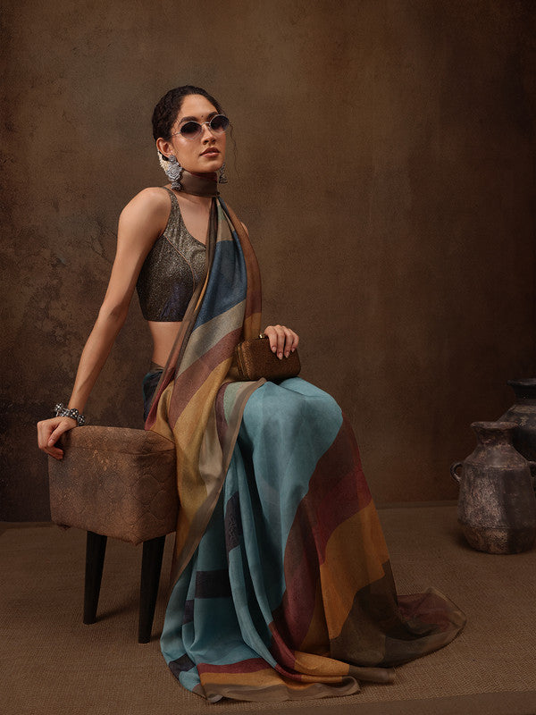 Multicolor Silk Blend Digital Print Striped Saree with Unstitched Blouse - Hiral Fashion - Distacart
