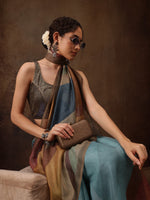 Thumbnail for Multicolor Silk Blend Digital Print Striped Saree with Unstitched Blouse - Hiral Fashion - Distacart