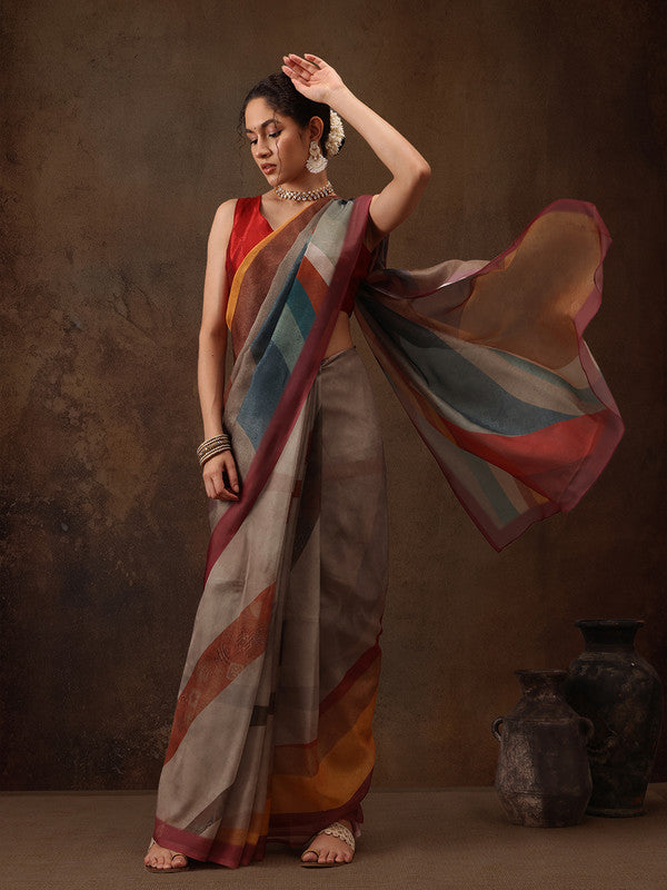 Multicolor Silk Blend Digital Print Striped Saree with Unstitched Blouse - Hiral Fashion - Distacart