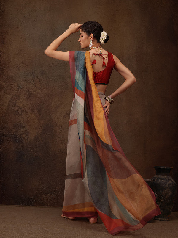 Multicolor Silk Blend Digital Print Striped Saree with Unstitched Blouse - Hiral Fashion - Distacart
