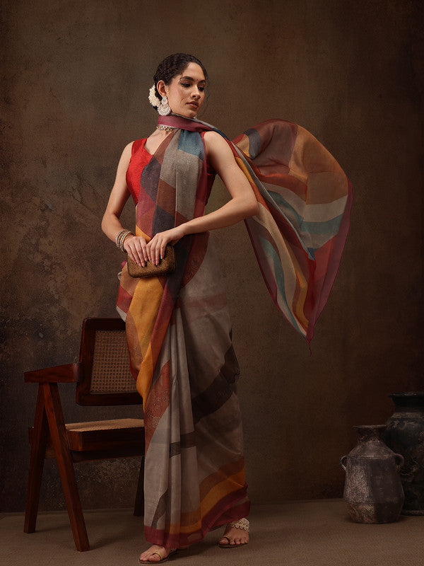 Multicolor Silk Blend Digital Print Striped Saree with Unstitched Blouse - Hiral Fashion - Distacart