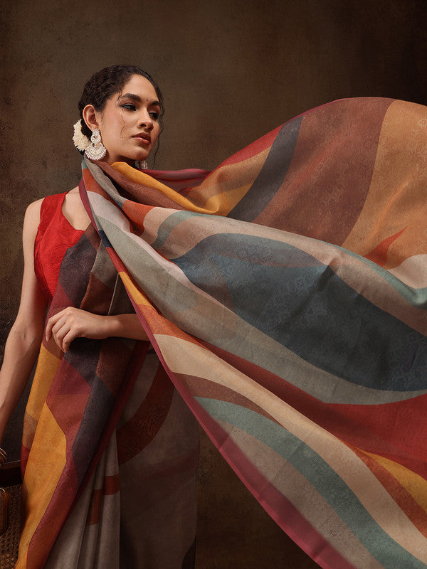 Multicolor Silk Blend Digital Print Striped Saree with Unstitched Blouse - Hiral Fashion - Distacart