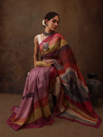 Thumbnail for Multicolor Silk Blend Digital Print Striped Saree with Unstitched Blouse - Hiral Fashion - Distacart