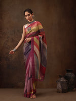 Thumbnail for Multicolor Silk Blend Digital Print Striped Saree with Unstitched Blouse - Hiral Fashion - Distacart