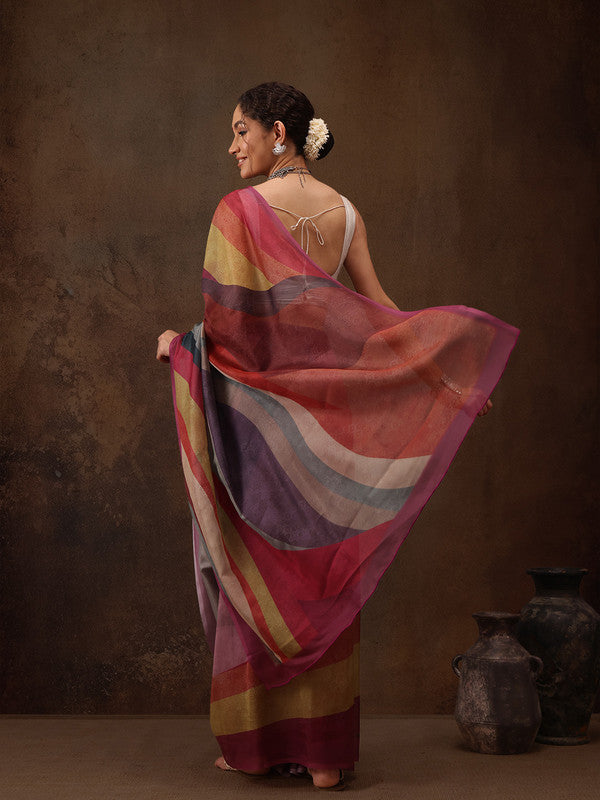 Multicolor Silk Blend Digital Print Striped Saree with Unstitched Blouse - Hiral Fashion - Distacart