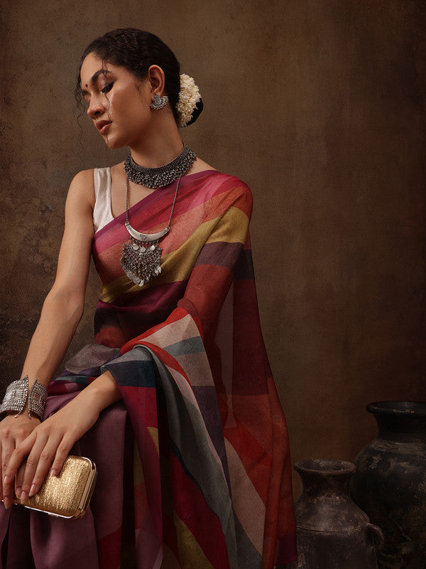 Multicolor Silk Blend Digital Print Striped Saree with Unstitched Blouse - Hiral Fashion - Distacart