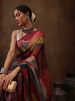 Thumbnail for Multicolor Silk Blend Digital Print Striped Saree with Unstitched Blouse - Hiral Fashion - Distacart