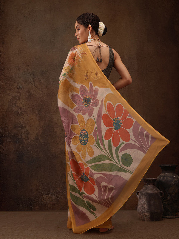 Multicolor Silk Blend Digital Print Floral Saree with Unstitched Blouse - Hiral Fashion - Distacart