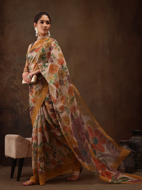 Multicolor Silk Blend Digital Print Floral Saree with Unstitched Blouse - Hiral Fashion - Distacart