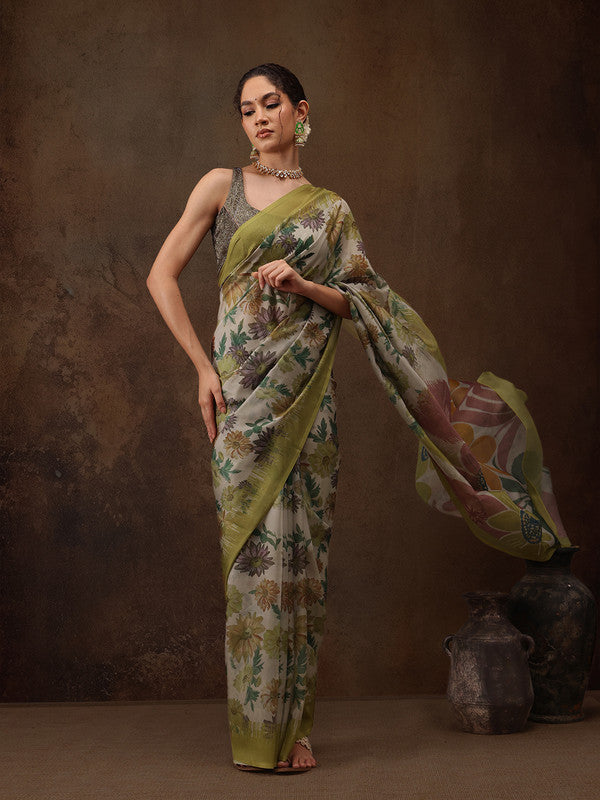 Multicolor Silk Blend Digital Print Floral Saree with Unstitched Blouse - Hiral Fashion - Distacart