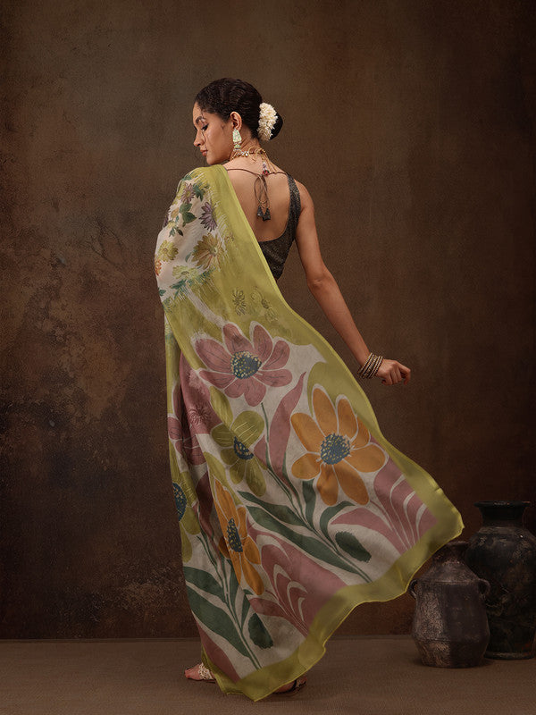 Multicolor Silk Blend Digital Print Floral Saree with Unstitched Blouse - Hiral Fashion - Distacart