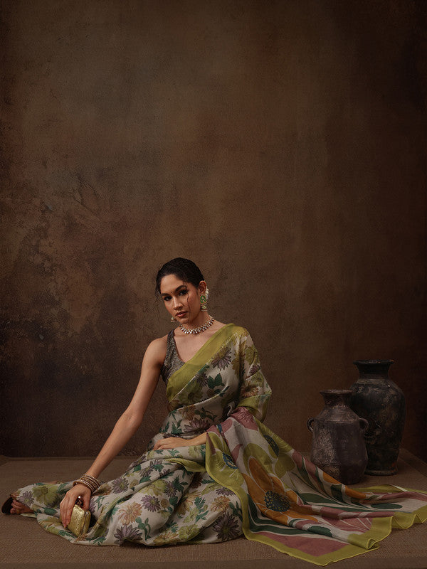 Multicolor Silk Blend Digital Print Floral Saree with Unstitched Blouse - Hiral Fashion - Distacart