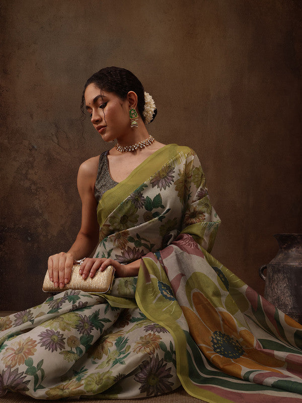 Multicolor Silk Blend Digital Print Floral Saree with Unstitched Blouse - Hiral Fashion - Distacart