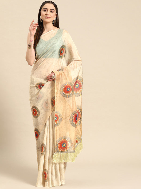 Beige Silk Blend Digital Print Geomatric Saree with Unstitched Blouse - Hiral Fashion - Distacart