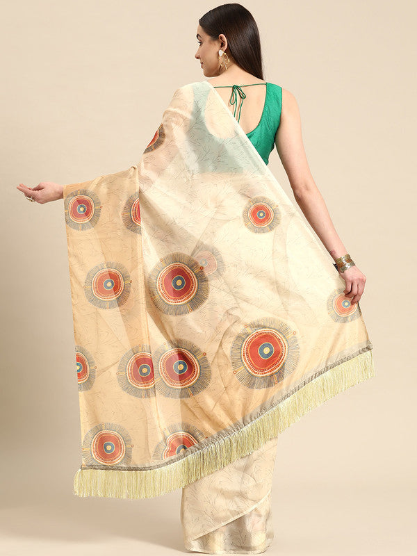Beige Silk Blend Digital Print Geomatric Saree with Unstitched Blouse - Hiral Fashion - Distacart