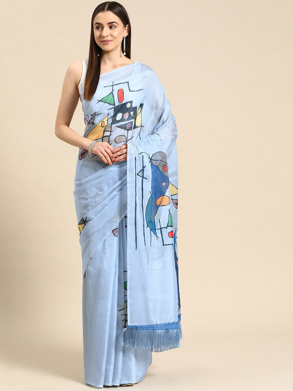 Blue Silk Blend Digital Print Warli Saree with Unstitched Blouse - Hiral Fashion - Distacart