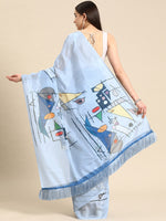 Thumbnail for Blue Silk Blend Digital Print Warli Saree with Unstitched Blouse - Hiral Fashion - Distacart