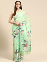 Thumbnail for Green Silk Blend Digital Print Floral Saree with Unstitched Blouse - Hiral Fashion - Distacart