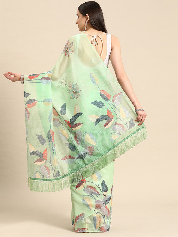 Green Silk Blend Digital Print Floral Saree with Unstitched Blouse - Hiral Fashion - Distacart
