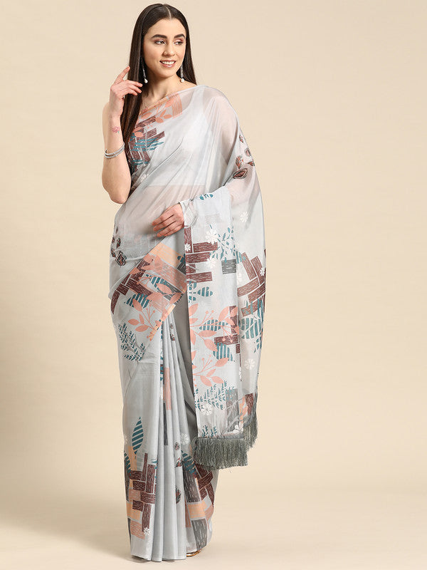 Gray Silk Blend Digital Print Floral Saree with Unstitched Blouse - Hiral Fashion - Distacart