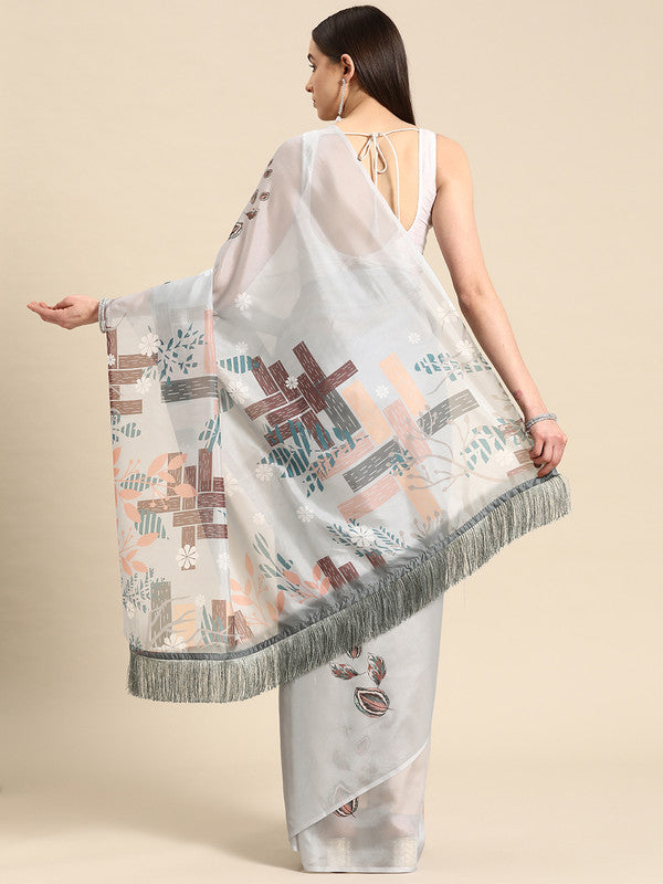 Gray Silk Blend Digital Print Floral Saree with Unstitched Blouse - Hiral Fashion - Distacart