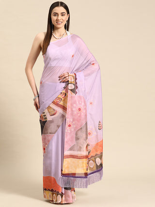 Lavender Silk Blend Digital Print Floral Saree with Unstitched Blouse - Hiral Fashion - Distacart
