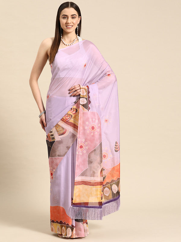 Lavender Silk Blend Digital Print Floral Saree with Unstitched Blouse - Hiral Fashion - Distacart