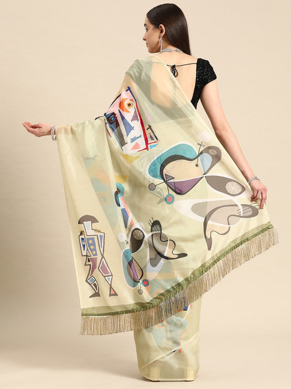 Olive Silk Blend Digital Print Warli Saree with Unstitched Blouse - Hiral Fashion - Distacart