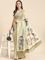 Thumbnail for Olive Silk Blend Digital Print Warli Saree with Unstitched Blouse - Hiral Fashion - Distacart