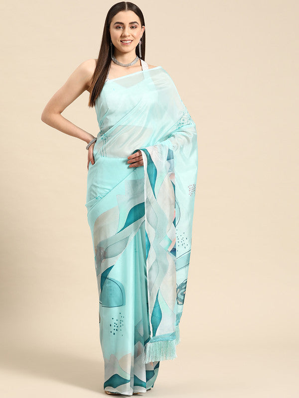 Turquoise Silk Blend Digital Print Abstract Saree with Unstitched Blouse - Hiral Fashion - Distacart
