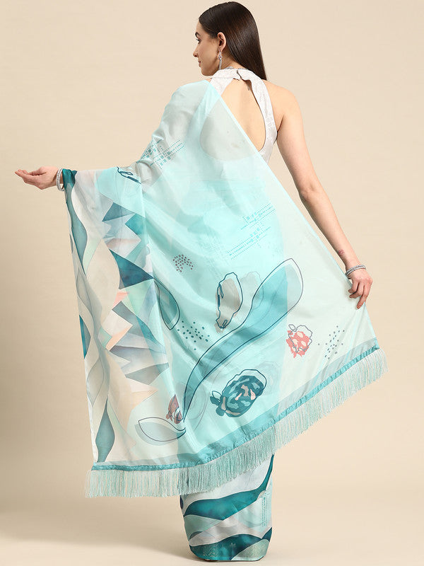 Turquoise Silk Blend Digital Print Abstract Saree with Unstitched Blouse - Hiral Fashion - Distacart