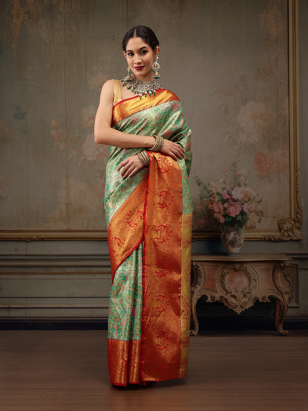 Green Pure Silk Woven Zari Design Floral Saree with Unstitched Blouse - Hiral Fashion - Distacart