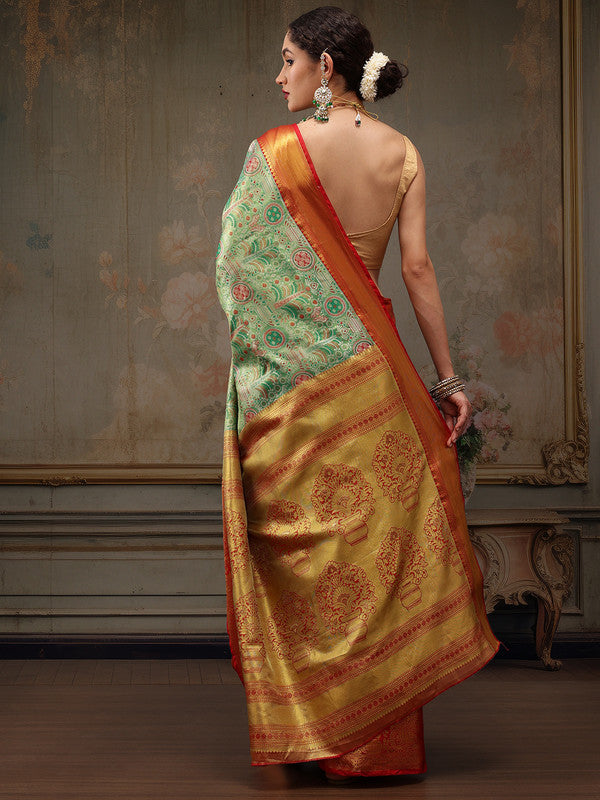 Green Pure Silk Woven Zari Design Floral Saree with Unstitched Blouse - Hiral Fashion - Distacart