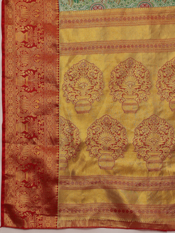 Green Pure Silk Woven Zari Design Floral Saree with Unstitched Blouse - Hiral Fashion - Distacart
