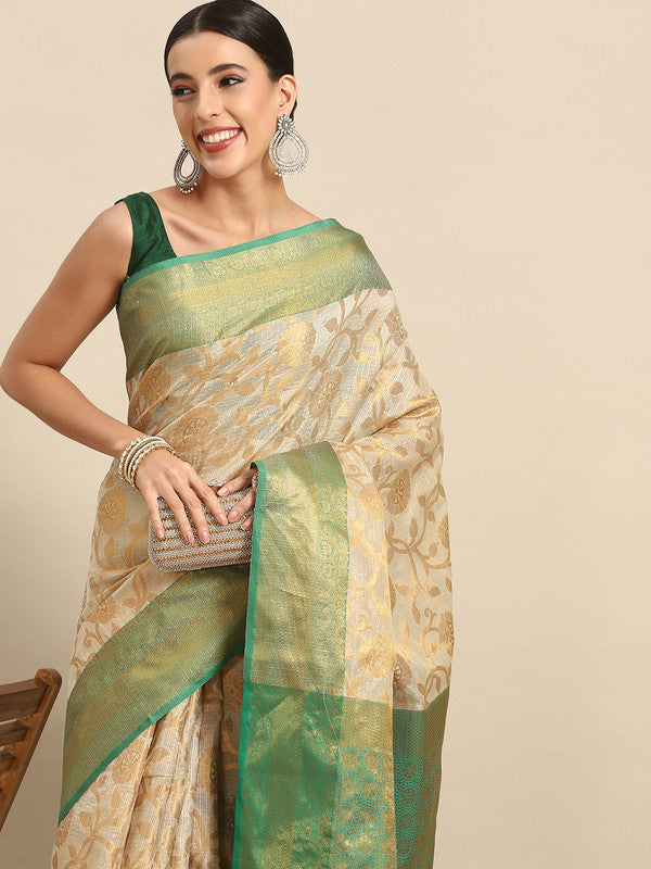 Green Tissue Silk Woven Zari Design Floral Saree with Unstitched Blouse - Hiral Fashion - Distacart