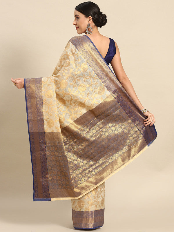 Navy Blue Tissue Silk Woven Zari Design Floral Saree with Unstitched Blouse - Hiral Fashion - Distacart