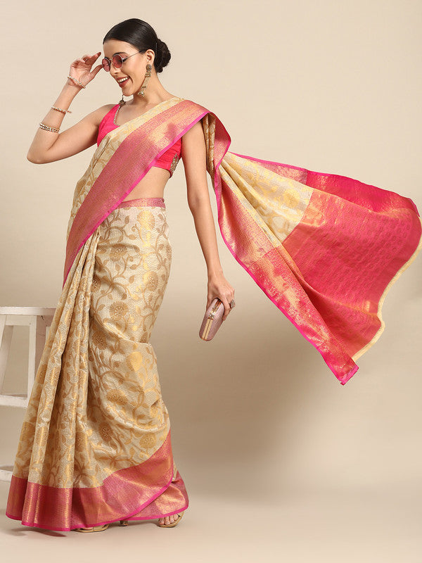Pink Tissue Silk Woven Zari Design Floral Saree with Unstitched Blouse - Hiral Fashion - Distacart
