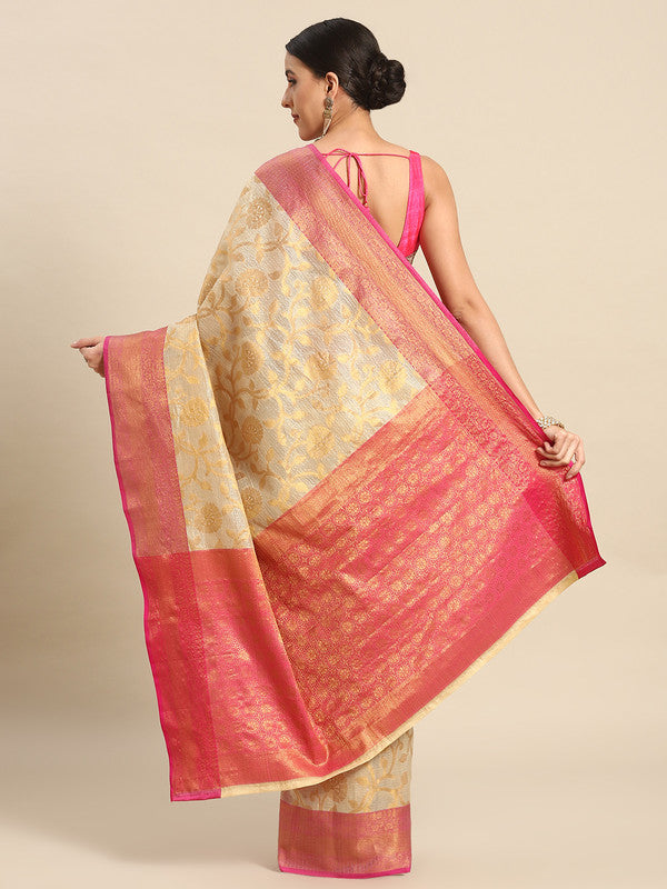 Pink Tissue Silk Woven Zari Design Floral Saree with Unstitched Blouse - Hiral Fashion - Distacart