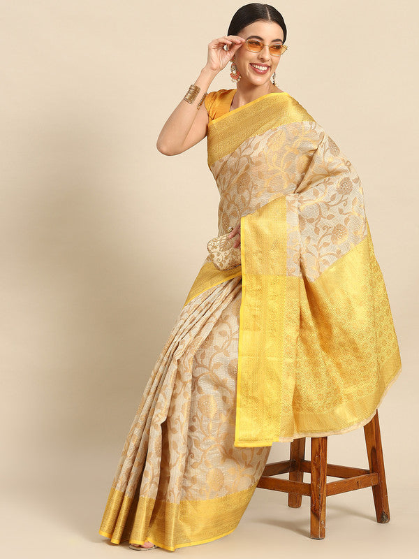 Yellow Tissue Silk Woven Zari Design Floral Saree with Unstitched Blouse - Hiral Fashion - Distacart