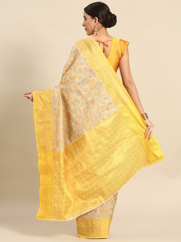 Yellow Tissue Silk Woven Zari Design Floral Saree with Unstitched Blouse - Hiral Fashion - Distacart