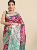 Thumbnail for Magenta Brocade Woven Zari Design Floral Saree with Unstitched Blouse - Hiral Fashion - Distacart