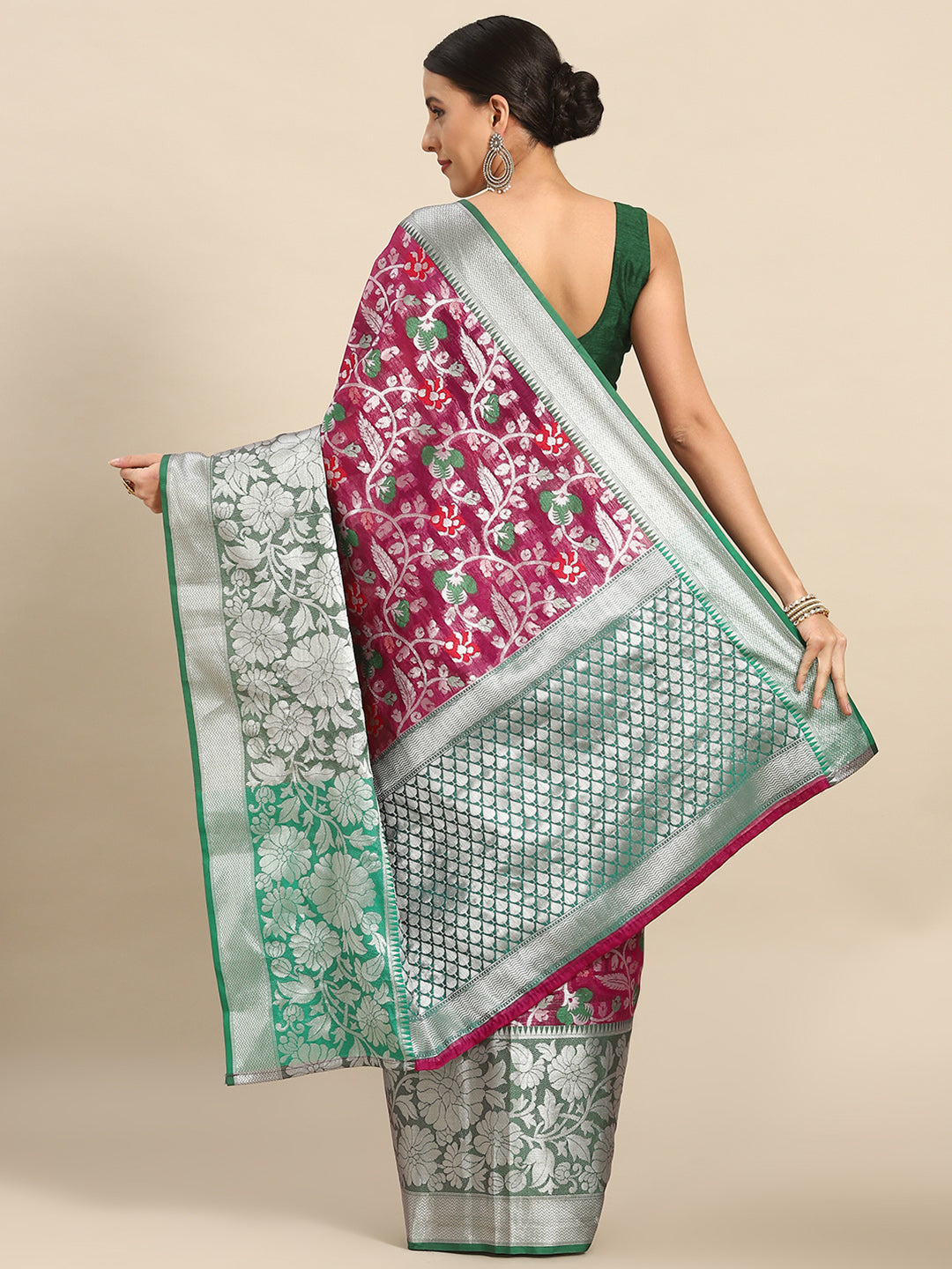 Magenta Brocade Woven Zari Design Floral Saree with Unstitched Blouse - Hiral Fashion - Distacart
