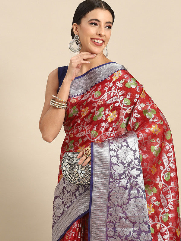 Red Brocade Woven Zari Design Floral Saree with Unstitched Blouse - Hiral Fashion - Distacart