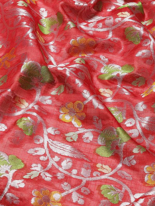 Red Brocade Woven Zari Design Floral Saree with Unstitched Blouse - Hiral Fashion - Distacart