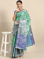 Thumbnail for Turquoise Brocade Woven Zari Design Floral Saree with Unstitched Blouse - Hiral Fashion - Distacart