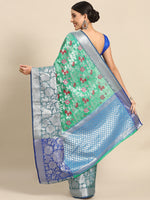 Thumbnail for Turquoise Brocade Woven Zari Design Floral Saree with Unstitched Blouse - Hiral Fashion - Distacart