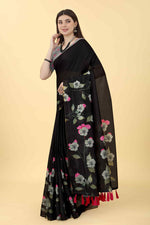 Thumbnail for Black Cotton Blend Printed Floral Saree with Unstitched Blouse - Hiral Fashion - Distacart