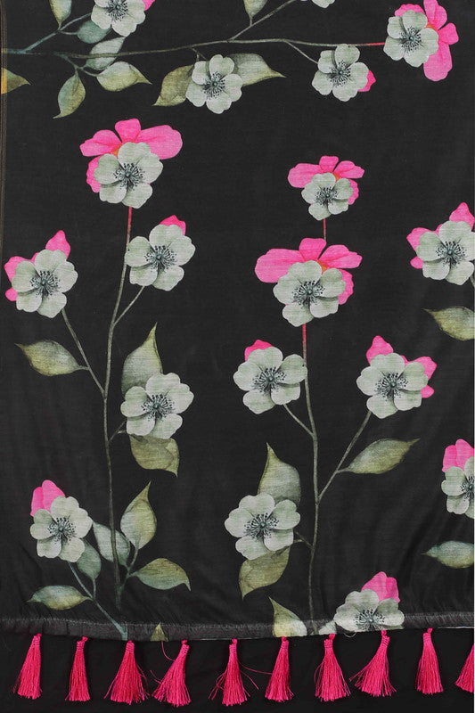 Black Cotton Blend Printed Floral Saree with Unstitched Blouse - Hiral Fashion - Distacart