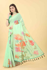 Thumbnail for Green Cotton Blend Printed Floral Saree with Unstitched Blouse - Hiral Fashion - Distacart
